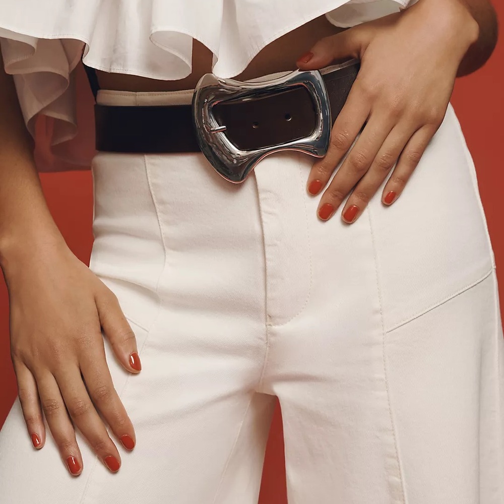 Anthropologie Statement Black Leather Belt with Silver Buckle Small